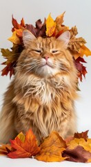 Naklejka na ściany i meble A fluffy cat surrounded by autumn leaves