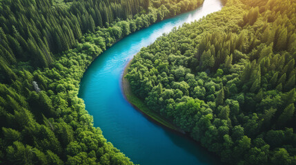 Aerial shot of a meandering river flowing through a dense green forest