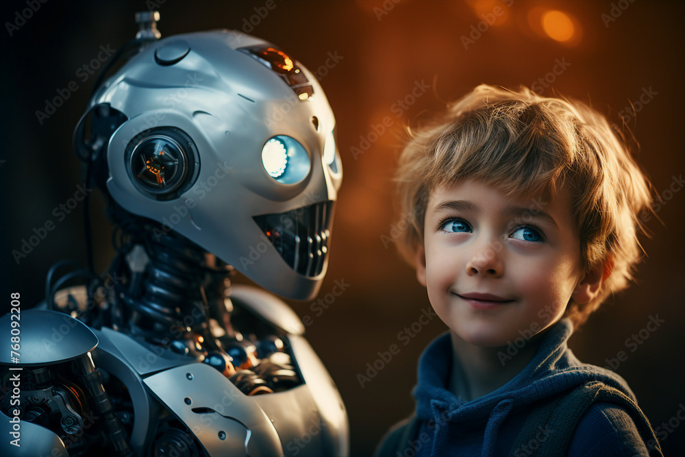 Poster generative ai image photo of little cute boy playing with his artificial intelligence robot friend