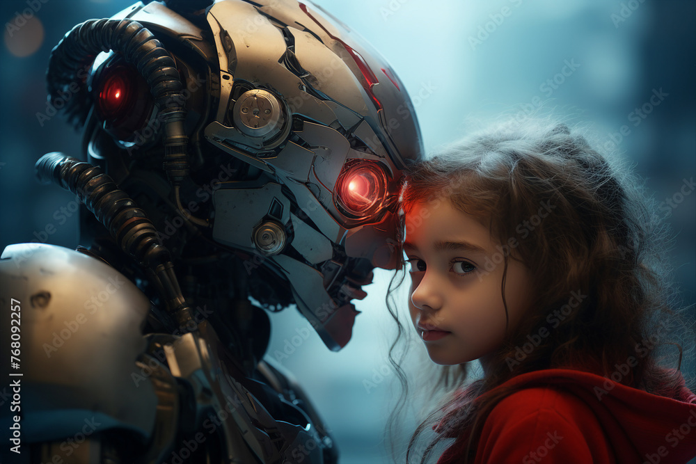 Poster generative ai picture photo of little child playing with artificial intelligence robot friend
