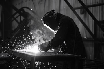 a man welding a metal piece - obrazy, fototapety, plakaty