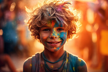 Happy child have fun on holi color festival party in india generative ai picture