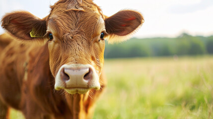 Close-up portrait of a brown cow in a sunny field with gentle eyes