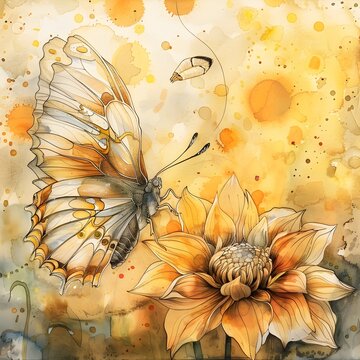 Enchanting Butterfly Amid Vibrant Floral Watercolor Painting