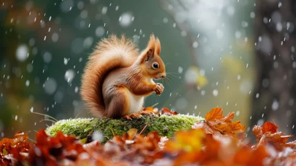 Wandaufkleber Enchanting autumn scenery with a squirrel in a rainy forest © Robert Kneschke