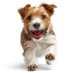 Small dog running, happy cute puppy jumping isolated on white