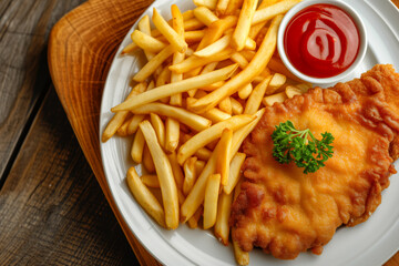 German Wiener Schnitzel with french fries top view meal on a plate
