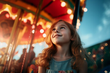 Generated AI image of happy young girl having fun on a carousel at an amusement park