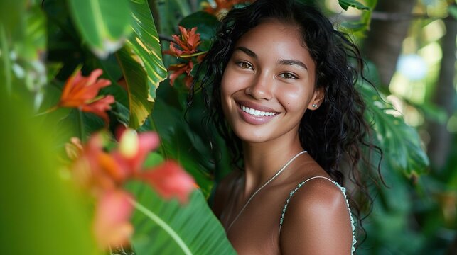 Echoing the hues of a tropical paradise, a beautiful young woman with a radiant smile stands amidst lush green foliage and vibrant blooms