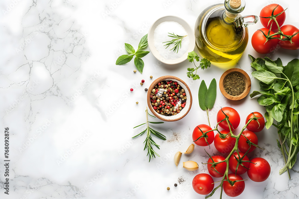 Poster Fresh Vegetables, Spices, and Olive Oil on a Marble Background