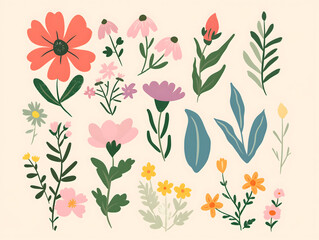 Charming Collection of Stylized Hand-Drawn Flowers and Plants