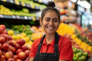 Friendly Hispanic female supermarket employee smiling in the fruit section