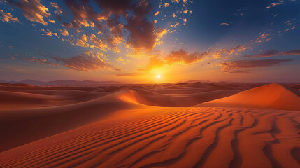 Breathtaking sunset over serene desert dunes with vibrant skies