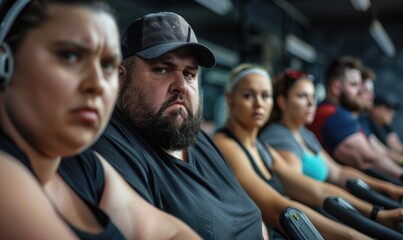 Group of fat or oversize people working out on treadmills at a gym, focused on fitness and leading...