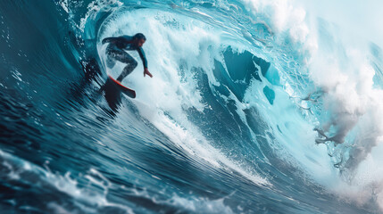 Surfer riding a big blue wave in the ocean, showcasing skill and adventure