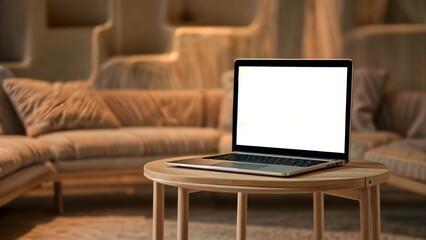 Modern Workspace: Blank Screen Laptop on Wooden Table