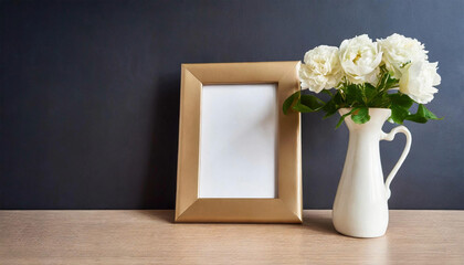 Tan photo frame with a white vase with flowers.