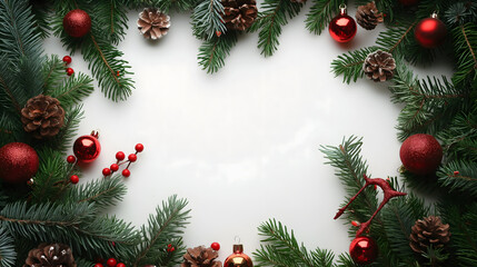 Obraz na płótnie Canvas Festive Christmas Background with Pine Branches and Decorations