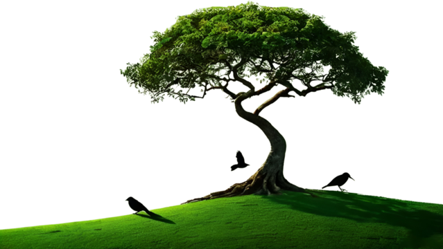 Green Tree birds with meadows isolated on white background. Tree show the concept of enivronment to save the nature for world enivronmental day