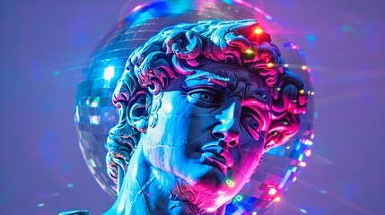 A holographic giant disco ball shaped like seem a classic stone statue head, the disco lights reflecting off in a dazzling spectacle , hyper realistic
