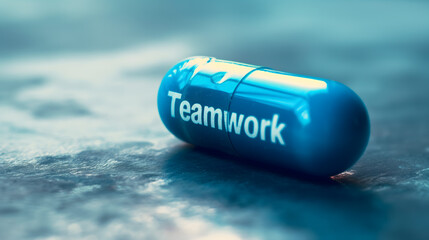 Teamwork Concept Represented by Blue Pill with Text on Wooden Background