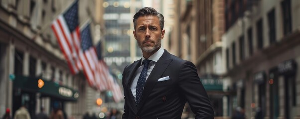 Well-dressed man in a suit walks with purpose on a New York City street