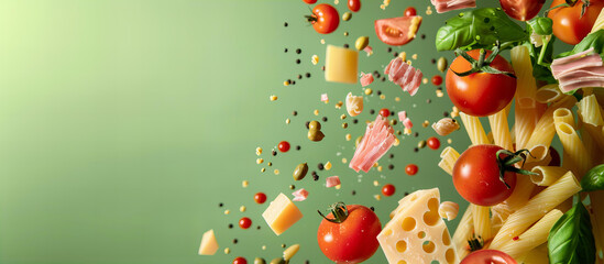 Dynamic culinary presentation of pasta and fresh ingredients suspended in mid-air, flavors against a green background. Food levitation. Copy space for text