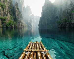 A serene bamboo raft on a crystalclear lake, surrounded by towering limestone cliffs , Solid color background, hyper realistic - obrazy, fototapety, plakaty
