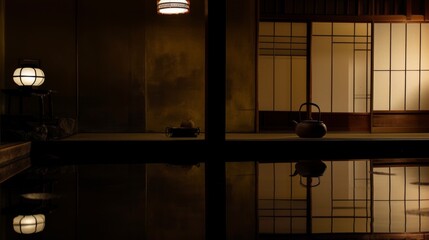 A minimalist teahouse scene with ambient lighting, featuring a teapot on a reflective table, creating an intimate atmosphere for traditional tea rituals.