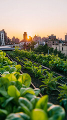 Fototapeta premium Urban Garden at Sunset: A Sustainable Oasis in the City