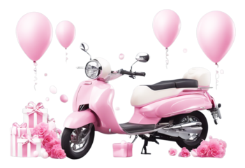 moped colors balloons A set flowers Pink Vector clipart gifts Day Mother Bike Gift Bicycle Mom Tree Bunch Flower Woman Isolated Heart Love White Box Celebration Delivery