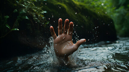 a person drowning in the river, hand of drowning person, person asking for help - obrazy, fototapety, plakaty