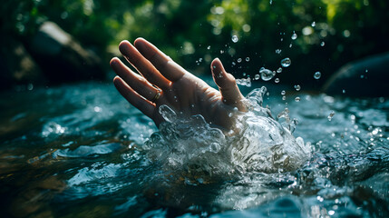 person playing with water, hand touching water - obrazy, fototapety, plakaty