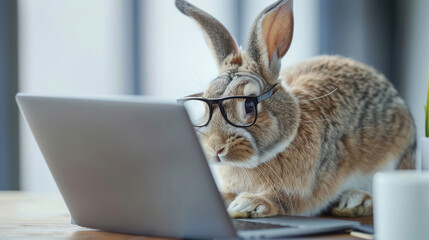 An adorable rabbit wearing glasses working on a laptop computer, shopping online odering food. - 768094425
