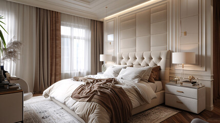 A bed with a white comforter and pillows