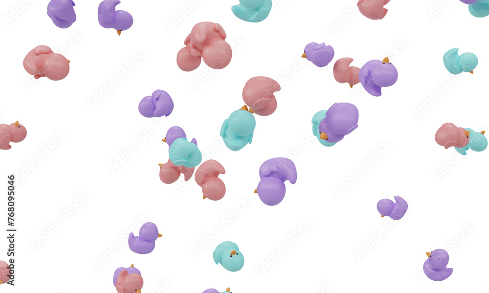 Poster many colored rubber ducks falling isolated on white background. 3d rendering