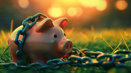 A close up shot of a piggy bank tied with a chain, determination to save money, financial resilience concept.