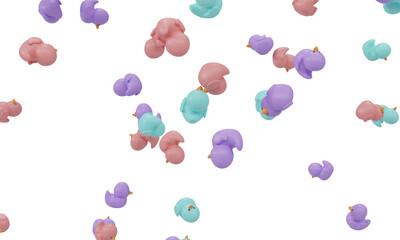 Many colored rubber ducks falling isolated on white background. 3d rendering     