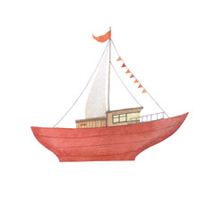 Watercolor illustration of a wooden sailboat in red