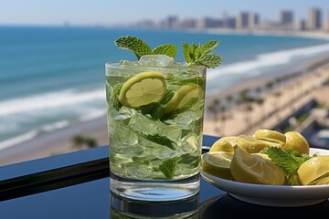 Mojito cocktail on beach bar table with sea view, vibrant and refreshing beach vibes - 768095629