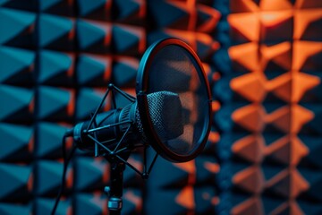 Photo of a microphone in a sound booth with a pop filter, against the background of dark blue and orange acoustic foam panels Generative AI - obrazy, fototapety, plakaty
