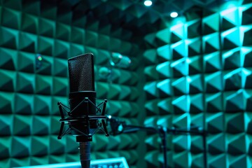 a microphone in an acoustic recording studio, surrounded by soundproofing panels and teal blue lighting Generative AI