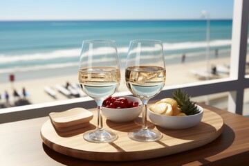 Elegant table setting with two glasses of red wine overlooking the stunning massandra sea view - 768095857