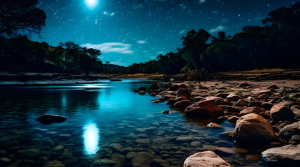 starry night on the bank of a river, river at night - Powered by Adobe