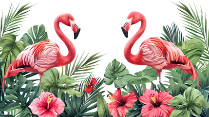 The tropical background. Summer illustration with flamingo, generative ai - obrazy, fototapety, plakaty