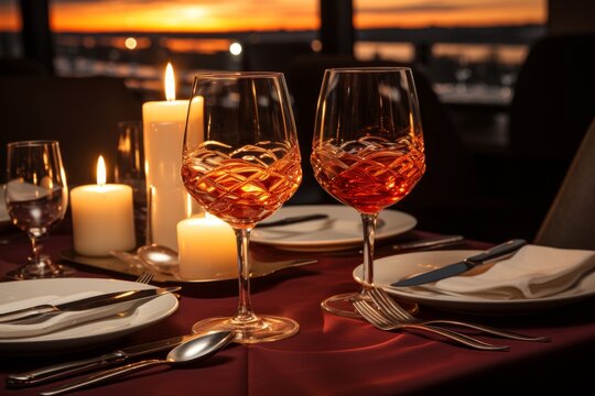 Elegant table setting with two glasses of red wine overlooking the sea at massandra