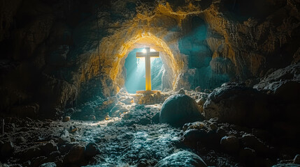 Cross and Empty tomb of Jesus. Christian Easter background, generative ai