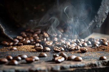 Foto op Plexiglas Pile of Robusta coffee beans roasting, showcasing their robust and earthy character. © Nattadesh