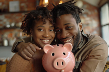 Close up of joyful couple, savings in piggy bank for a simple house.