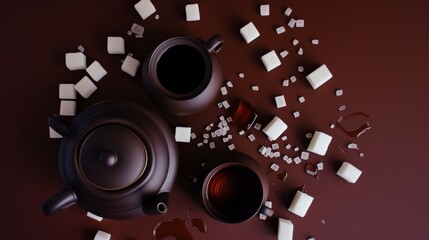 An abstract composition featuring a brown tea set with white sugar cubes on a dark surface, evoking an artistic and moody atmosphere